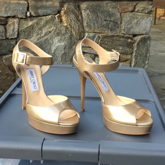 Jimmy Choo Linda Gold Platform Sandal Heels - Picture 3 of 10